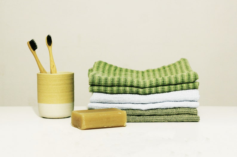Balsam Green Linen Bath Towels and Hand Towels Set Washed Waffle - LinenMe