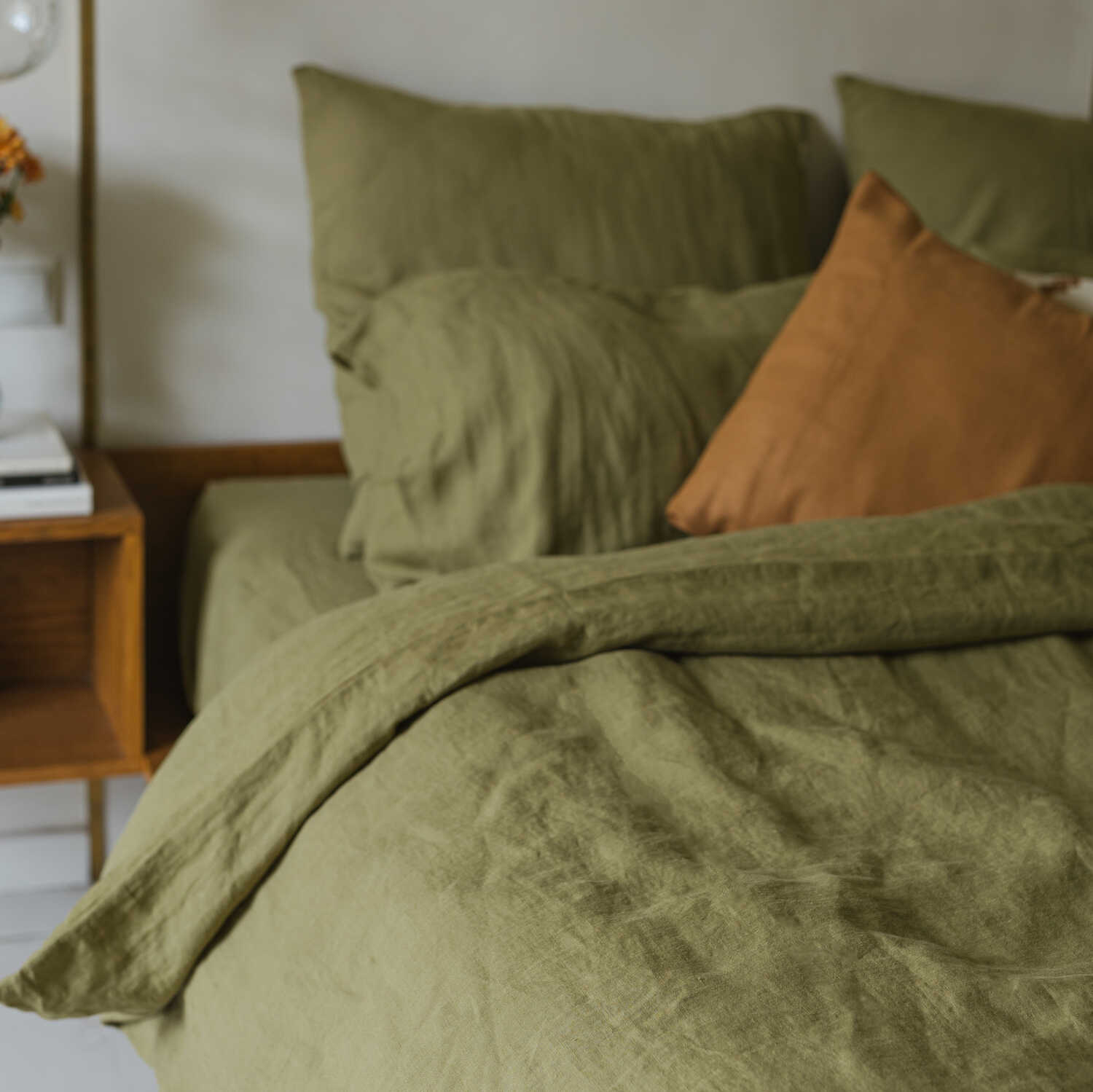 Olive Green linen duvet cover set (3)