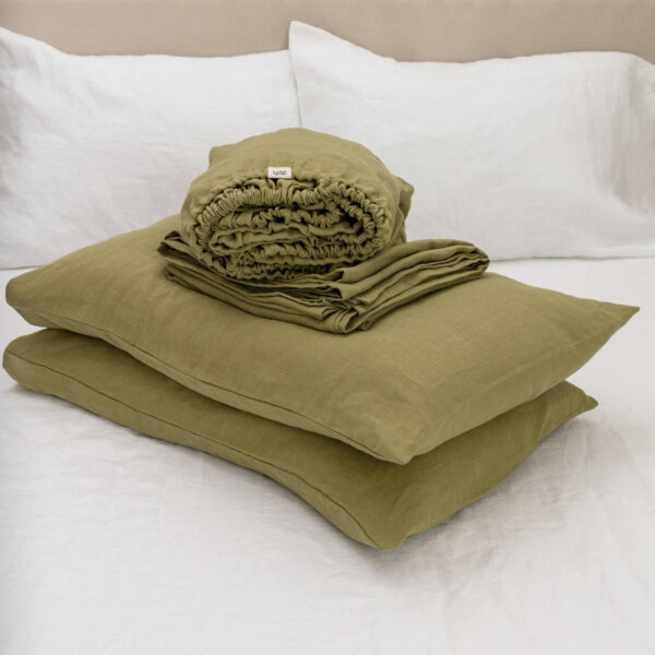 Olive Green linen bed sheet set