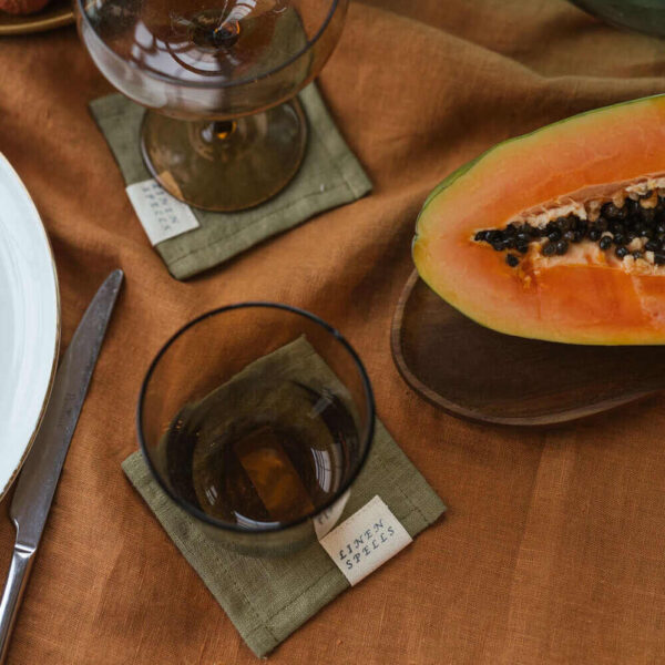 Olive Green linen coaster set (2)